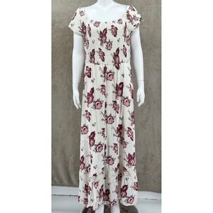 Always Indigo Dress Womens 1X Cream Floral Off the Shoulder‎ Smocked Maxi Boho